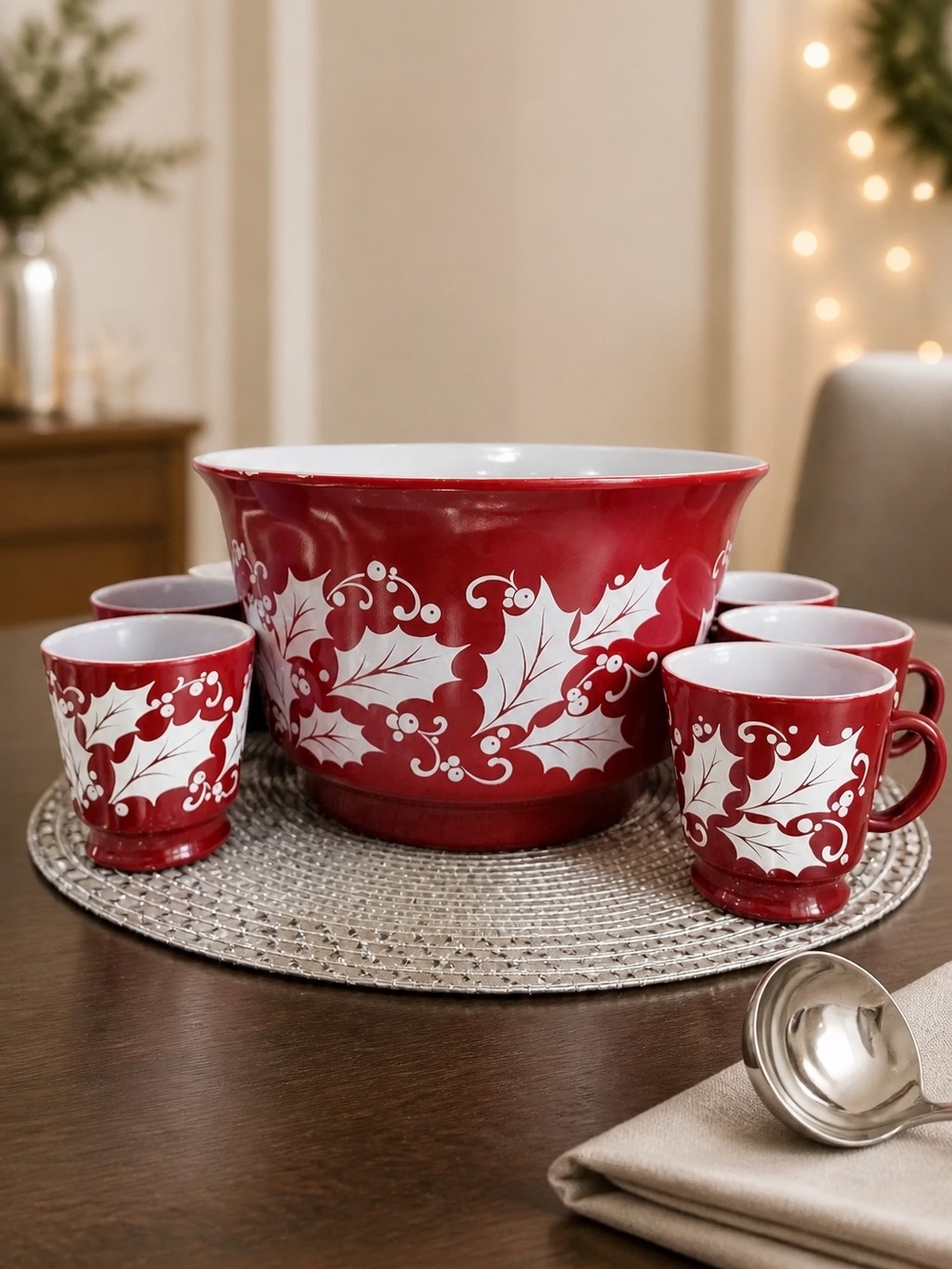 Holiday Holly Ceramic Punch Bowl Set